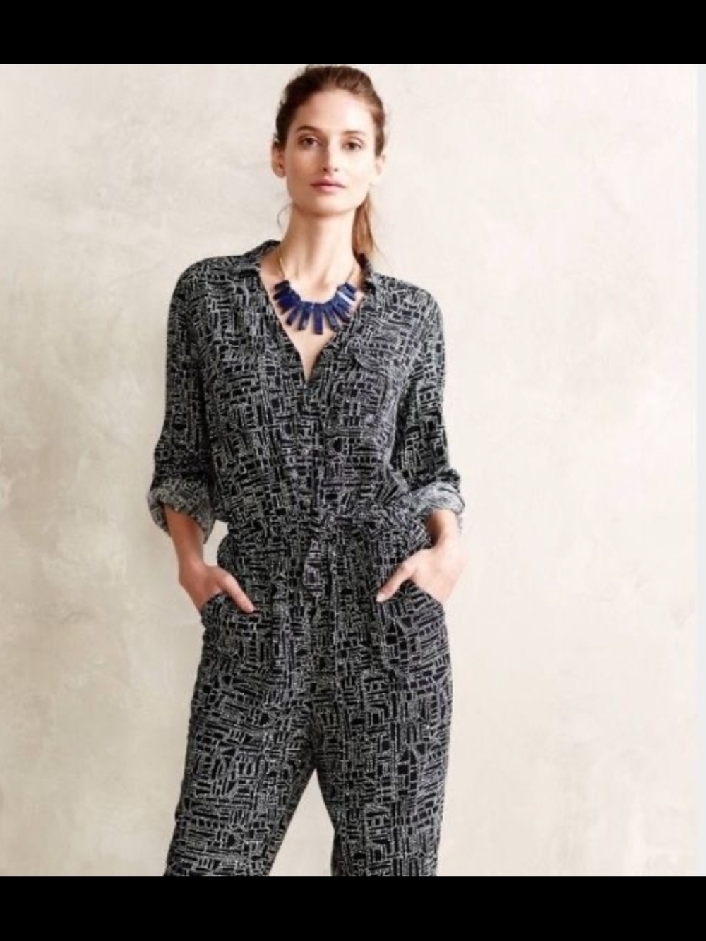 Anthropologie Lilka Atacama Black Pattern Collared Jumpsuit | Size M